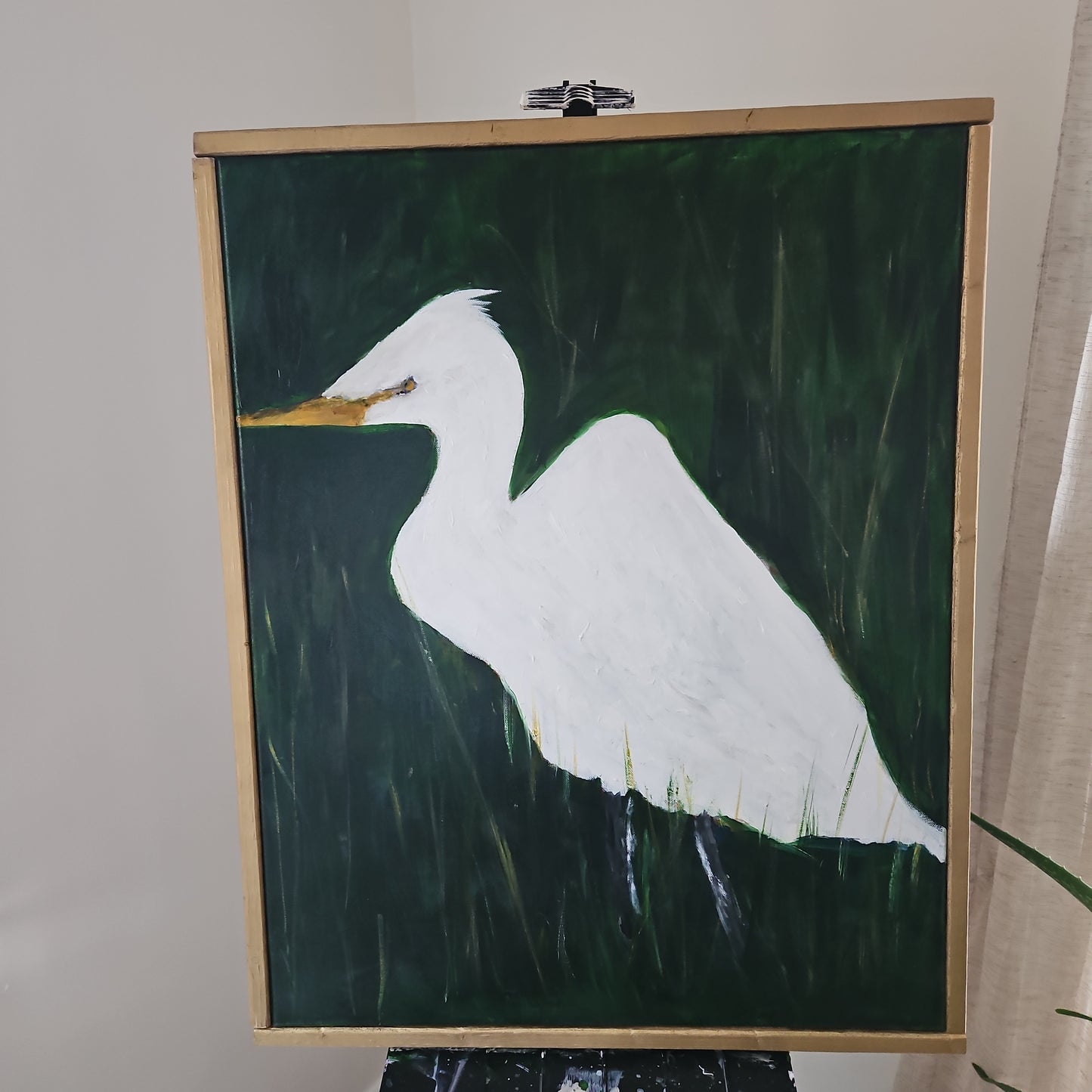 White Heron Dark Green Background / Gold Frame